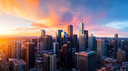 Vibrant urban skyline at sunset aerial cityscape photography