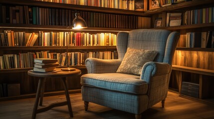 Cozy reading nook with vintage armchair, warm lamp, wooden bookshelf filled with books and decorative elements