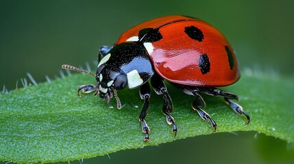 Detailed Ladybug Macro Photography for Nature Enthusiasts - Closeup View of Spotted Beetle Crawling on Green Leaf
