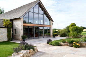 Modern countryside house with large glass windows and landscaped garden, situated in the lush green hills during a sunny day