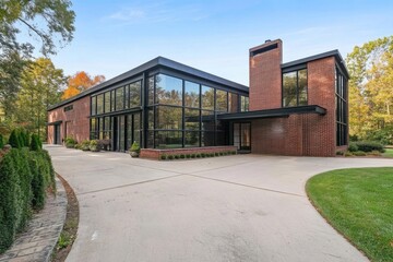 A contemporary architectural masterpiece features a striking glass and brick house elegantly positioned amidst vibrant, lush greenery on a sunny autumn day
