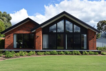 Obraz premium A contemporary brick home featuring expansive windows, beautifully nestled amid lush green landscaping in a tranquil suburban neighborhood, radiating warmth on a sunny day