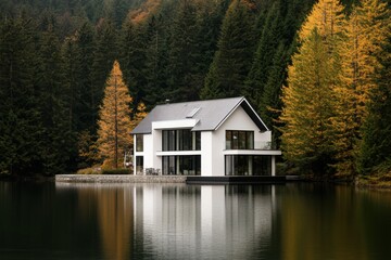 Obraz premium A contemporary white house gracefully mirrors its image on a tranquil lake, encircled by vibrant autumn leaves in a peaceful, wooded setting