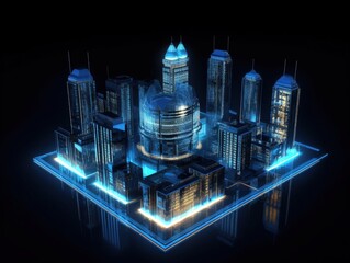 Hologram of futuristic city glowing in the dark on table in a tech lab for presentation use