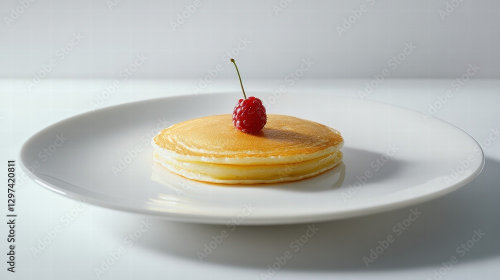 Poster delicious stack of fluffy pancakes topped with a fresh raspberry on a clean white plate. generative 