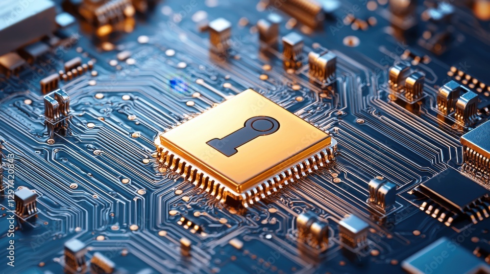 Poster close up view of a digital circuit board with microchips locks and other electronic components repre