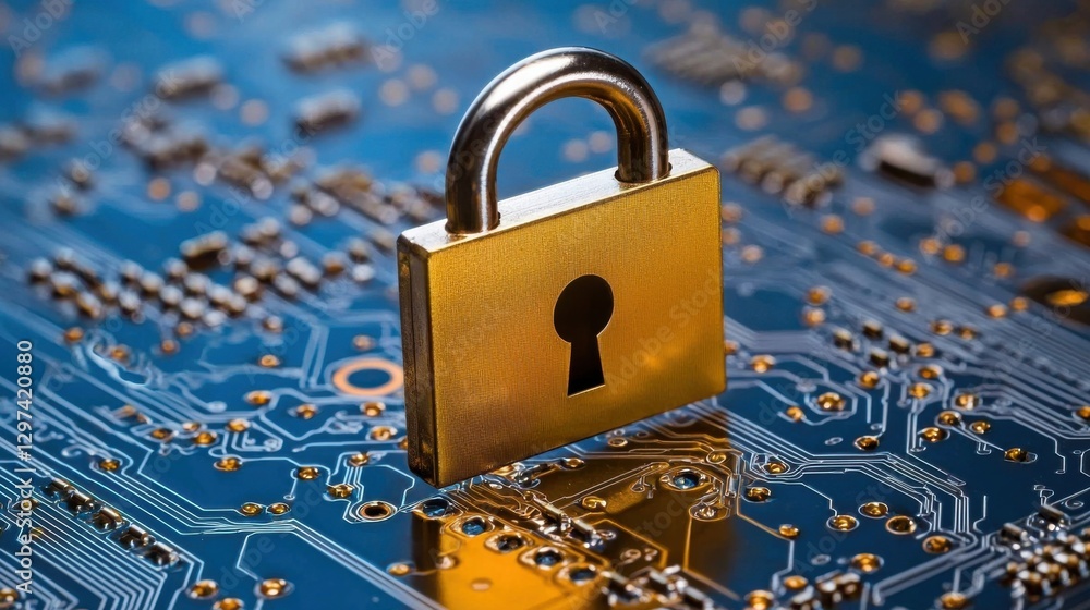 Poster abstract digital security concept featuring a padlock and circuit board representing the importance 