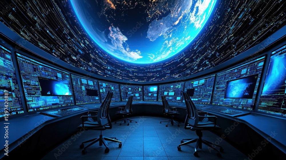Poster digital shield protecting computer system in futuristic cyber security scenario with glowing blue in