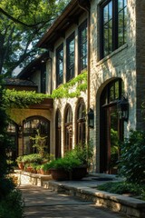 Obraz premium Elegant house exterior adorned with greenery in a serene garden during golden hour capturing natural beauty and architectural design