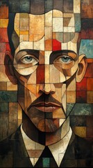A Striking Abstract Portrait Featuring a Man with a Moustache in a Multicolor Mosaic Style Interplay of Geometric Shapes and Vivid Shades in the Modern Art Realm