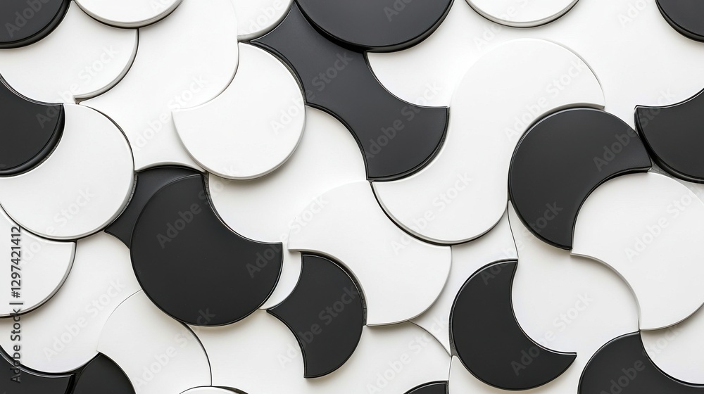 Poster elegant abstract geometric composition featuring a repeating pattern of monochrome circular and curv