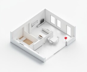 Minimalist white apartment floor plan, furniture arrangement, modern interior design