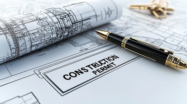 Close-up of a construction permit and blueprint plans with a stylish black and gold pen, ideal for construction projects.