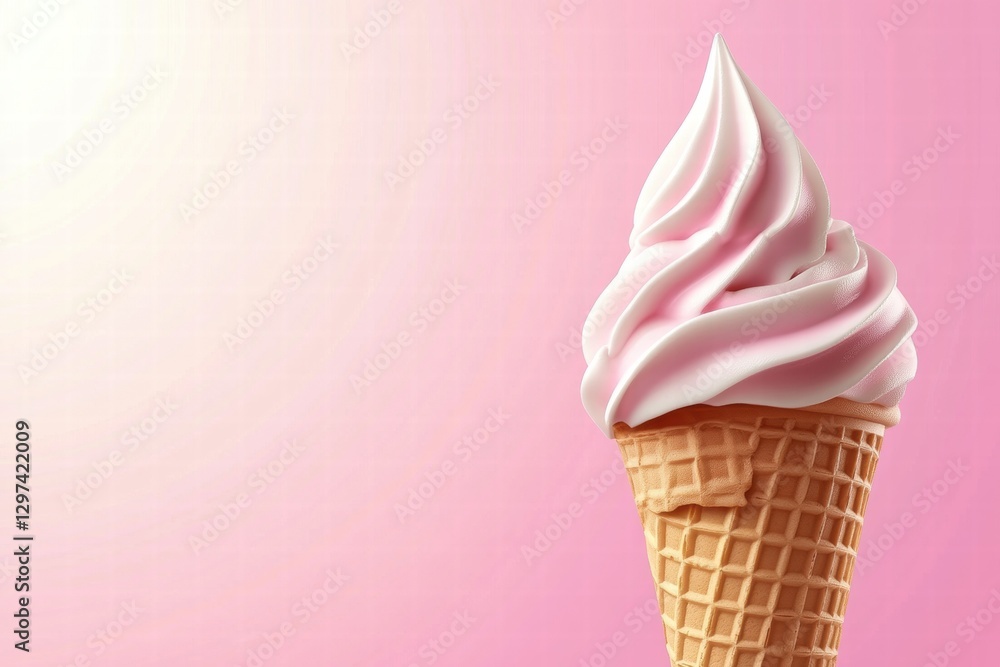 Poster Soft serve ice cream cone with pink swirl against a light pink background creating a dreamy dessert aesthetic. Generative AI