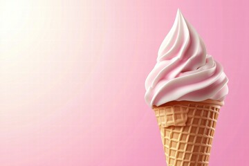 Soft serve ice cream cone with pink swirl against a light pink background creating a dreamy dessert aesthetic. Generative AI