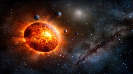 Obraz premium A vibrant depiction of a fiery sun surrounded by planets in a cosmic landscape