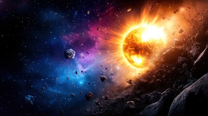 Fototapeta premium A vibrant depiction of a sun illuminating a cosmic scene filled with asteroids in space