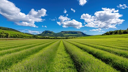 Fototapeta premium Enchanting Lavender Field in the Idyllic Countryside with Towering Mountains and Fluffy Clouds The image captures a serene and picturesque landscape