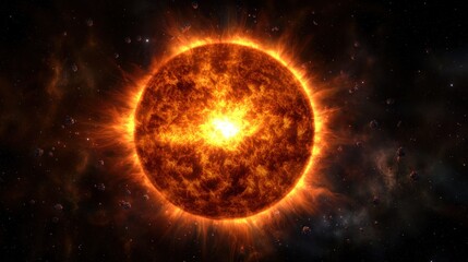 Bright and fiery sun radiating energy in a cosmic space filled with stars and planets