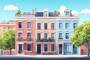 Fototapeta premium Charming Row of Colorful Urban Buildings with Classic Architecture Facade and Lush Greenery Set Against a Clear Blue Sky and Fluffy Clouds