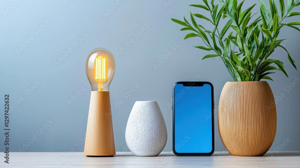 Poster an image showcasing a collection of energy efficient home devices including a lamp with an edison st