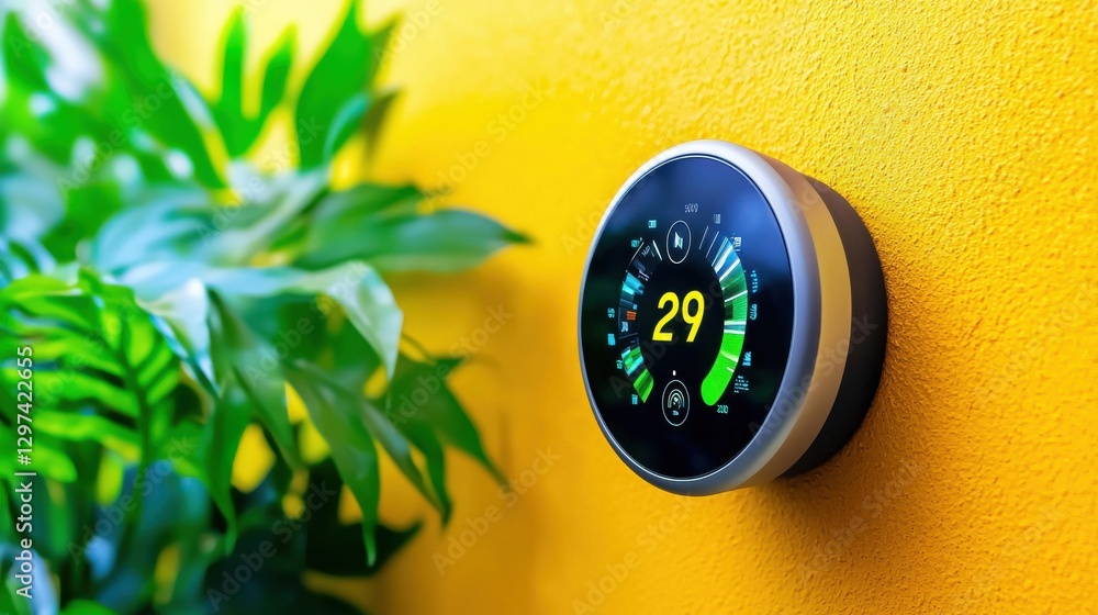 Poster energy efficient and automated smart home devices such as thermostat timer and power meter installed
