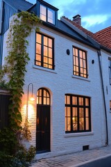 Fototapeta premium Charming white brick house adorned with warm lighting in a quiet neighborhood during twilight hours, showcasing beautiful architecture and inviting atmosphere