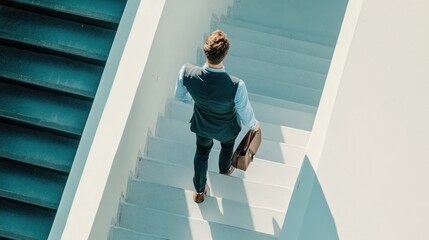 Man having a business meeting with potential clients while climbing the stairs of a building top view wearing office clothes and carrying a briefcase