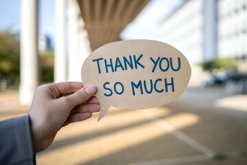 Hand holding a speech bubble with thank you so much message in an outdoor setting, expressing gratitude and appreciation