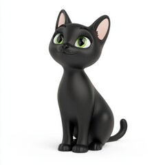 Adorable Cartoon Black Cat with Big Green Eyes Sitting on White Background