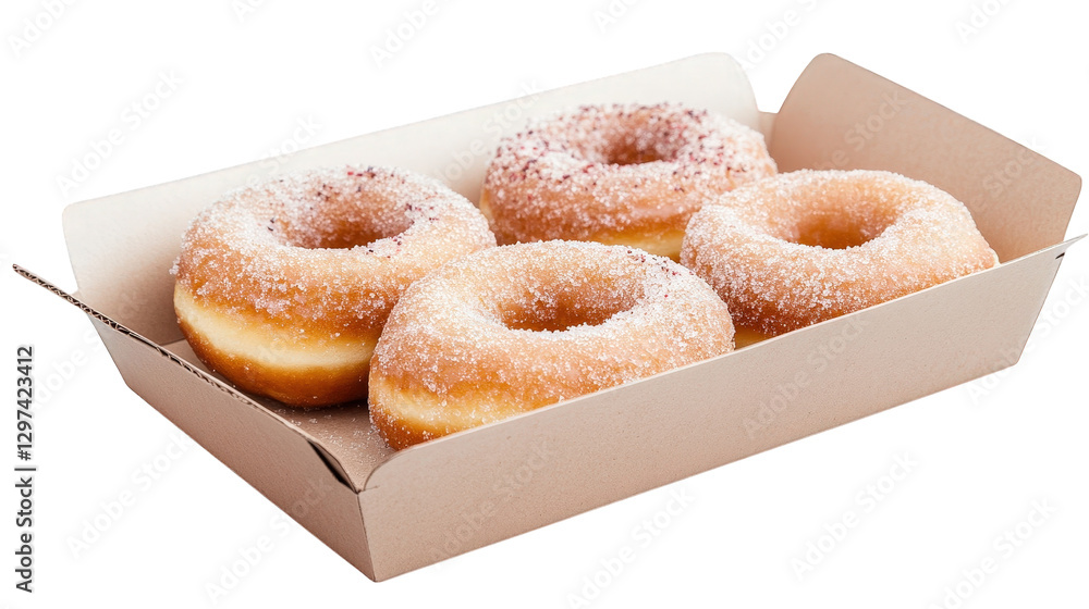 Poster box containing four delicious-looking donuts. each coated with a light dusting of sugar the donuts a