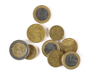 Euro cash money, coins isolated on white background, top view