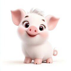 Adorable Fluffy White Cartoon Piglet on White Background