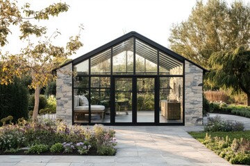 Modern greenhouse surrounded by a flourishing garden with vibrant flowers and lush greenery in a scenic outdoor setting during golden hour