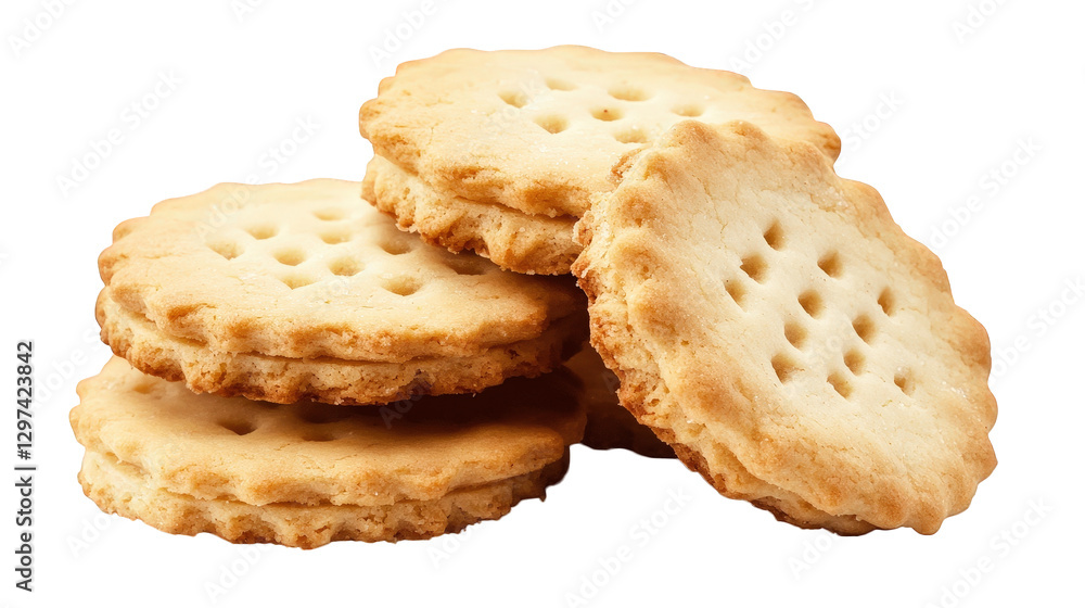 Aufkleber stack of four round. light-colored cookies with a textured surface. characterized by small holes and