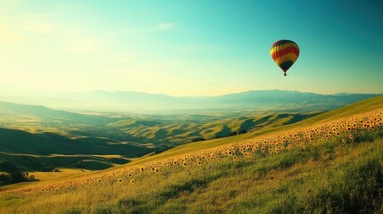 Obraz premium Colorful Hot Air Balloon Flying Over Lush Green Hills and Sunny Sunflower Field at Golden Hour in Scenic Landscape