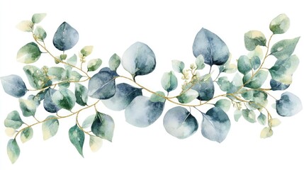 Watercolor bouquet of leaves and eucalyptus branch with golden line. Botanical herbal illustration isolated on white background for prints, fabric, wallpapers, postcards, greeting cards, wedding