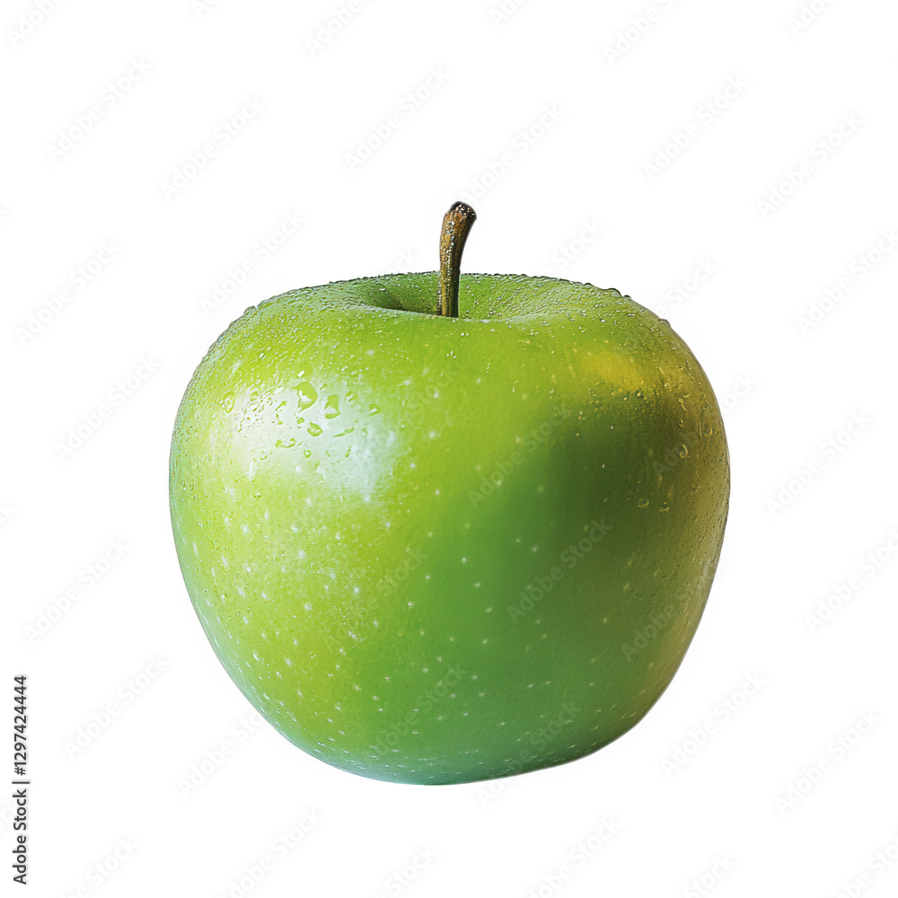Poster single green apple. showcasing its smooth surface and vibrant color. with droplets of water adding a