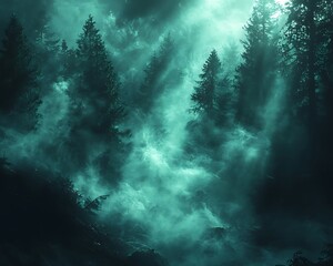 Obraz premium Enigmatic Fog Envelops a Dark Mysterious Forest