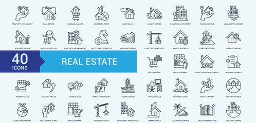 Real estate icon collection set with property investment, real estate, housing market, mortgage rates, home sales