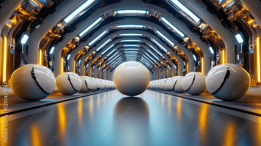 Poster futuristic zero gravity dodgeball domed tunnel with spheres a surreal geometric architectural space 