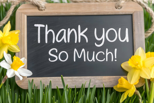Thank you so much message written on a chalkboard with yellow flowers, expressing appreciation and gratitude