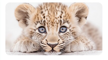 Obraz premium Close Up of Adorable Tan Lion Cub with Striking Blue Eyes