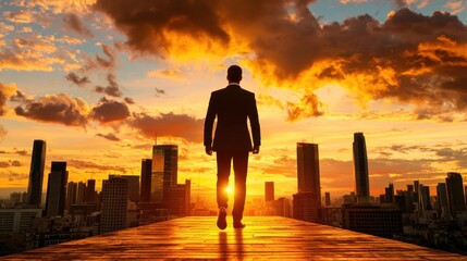 Fototapeta premium Silhouetted figure of a businessman walking along a pathway or bridge with a breathtaking urban skyline glowing in the background during a dramatic sunset Concept of ambition vision leadership