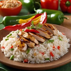 seasoned rice topped with perfectly grilled chicken pieces. The rice bursts with flavor, complemented by vibrant slices of red and green peppers and fresh parsley,cookery, chicken, dish, healthy, 786