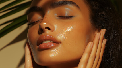 Beautiful woman touching face with glowing, healthy skin and palm leaf shadow