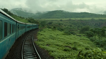Scenic Train Journey Through Lush Green Mountains and Rolling Hills in Monsoon Season