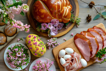 Easter food concept with cold cuts, eggs, ham, and German Easter rolls on wooden plate with traditional spices and flowers, wooden background.