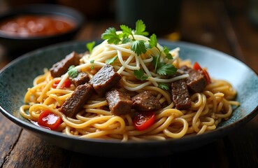 A serving of stir fried ho fun rice noodles with beef and bean sprouts.