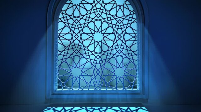 Blue Moroccan Window with Light Streaming in and Intricate Design